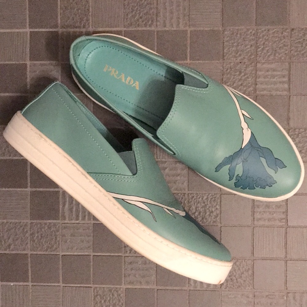 Prada Teal Slip On Floral Sneakers - EUC